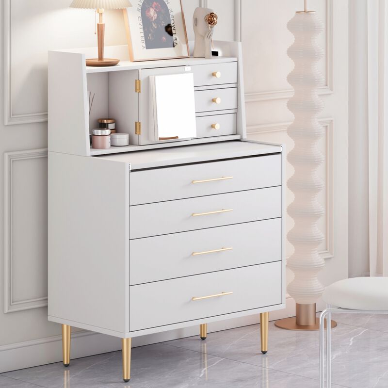 Vanity Makeup Table with Mirror and Retractable Table, Storage Dresser for Bedroom with 7 Drawers and Hidden Storage, White