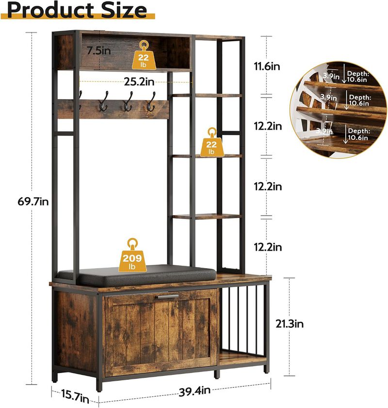 Hall Tree with Bench and Shoe Storage, 39.4" Entryway Bench with Coat Rack freestanding, Wall Rack 4 Hooks and Shelves, 39.37" x 15.74&ldquo; x 69.69" image number 2