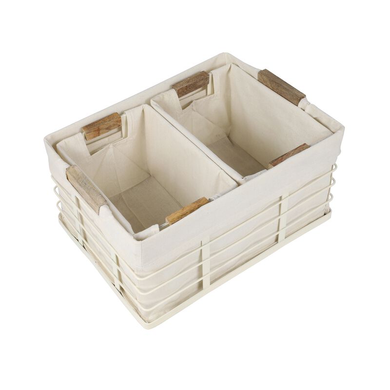 Callan Vintage Industrial Handmade Wire Metal Nesting Storage Baskets with Wood Handles and Fabric Liner