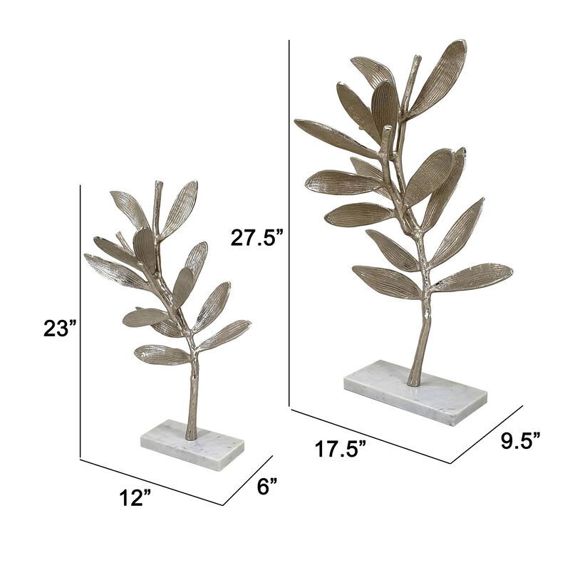 28, 23 Inch Set of 2 Metal Statuettess, Decorative Accent Olive Tree, White - Benzara