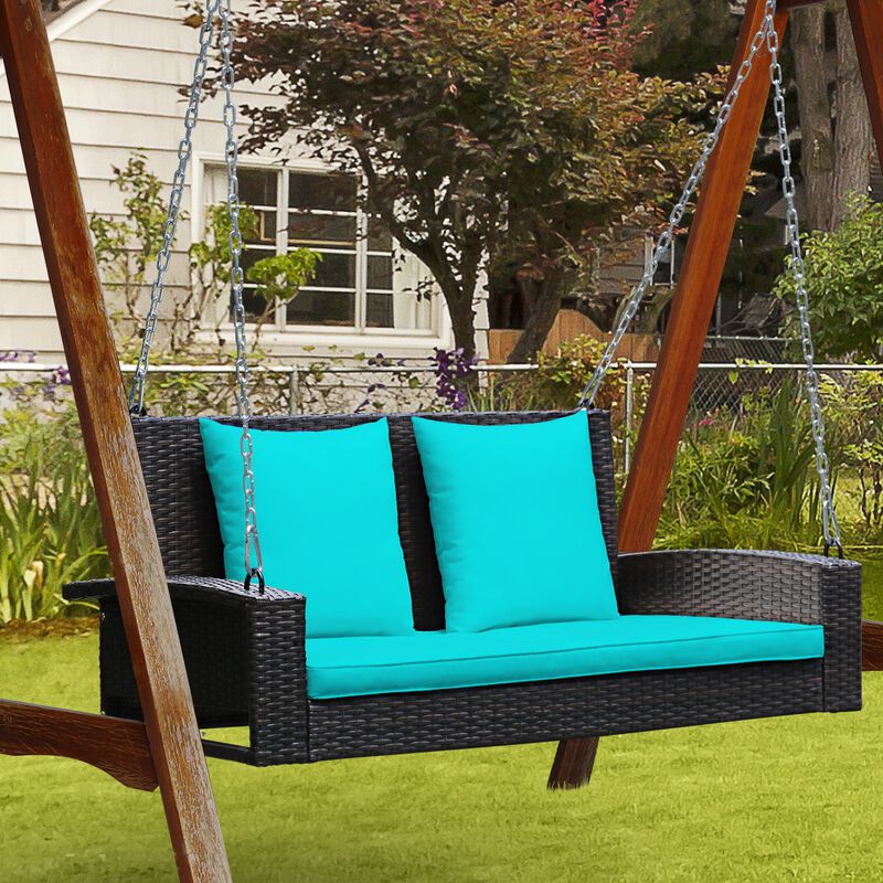 2-Person Wicker Hanging Porch Swing with Cushions &ndash; Includes 2 Back Cushions & 1 Seat Cushion