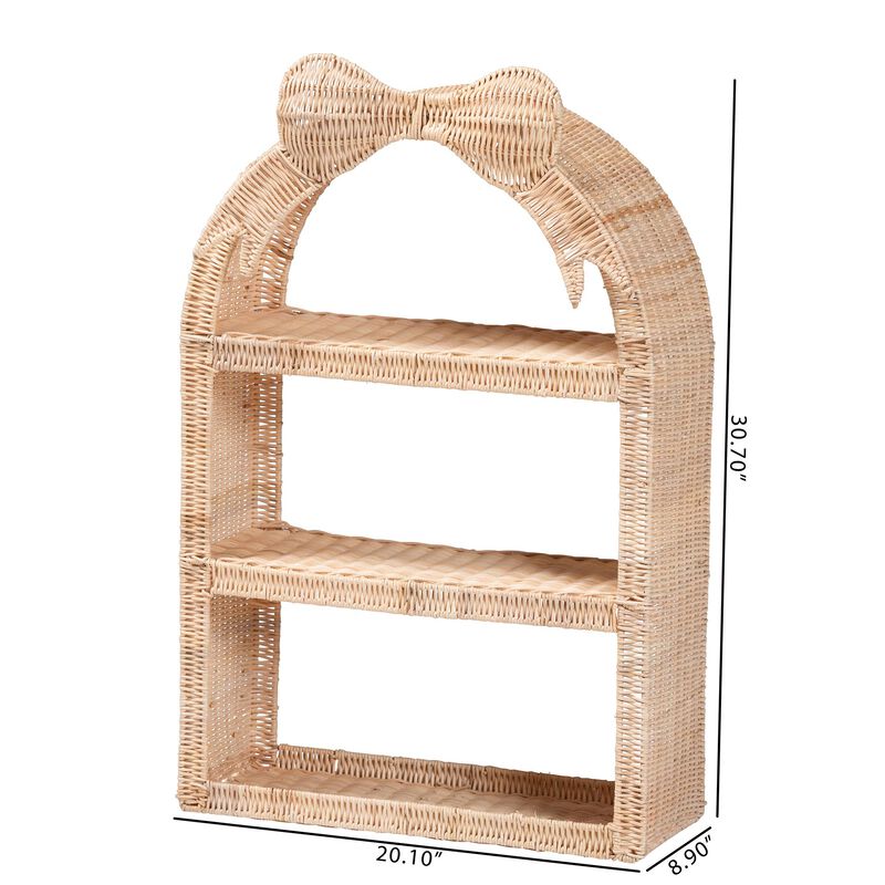 bali & pari Creusa Natural Rattan Wall Shelf - 3-Tier Decorative Storage Rack with Arched Frame and Woven Bow Accent, Boho Coastal Display Shelf