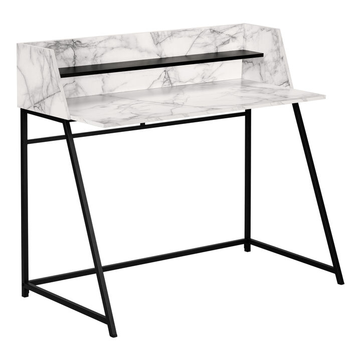 Monarch Specialties I 7549 Computer Desk, Home Office, Laptop, Storage Shelves, 48"L, Work, Metal, Laminate, White Marble Look, Black, Contemporary, Modern
