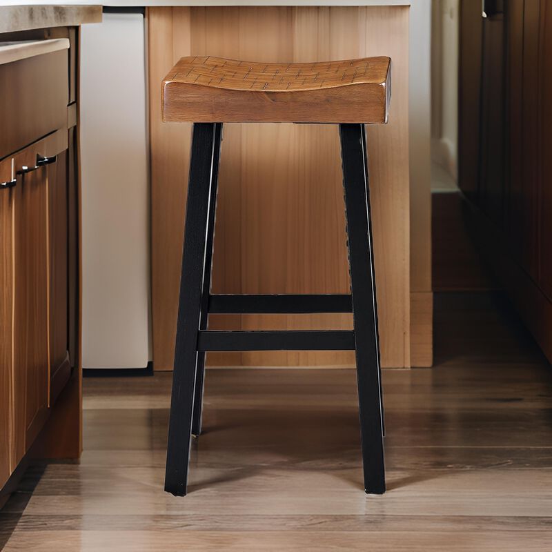 Bianca Barstool Set of 2, Light Brown Saddle Seat, Black Solid Wood - Benzara