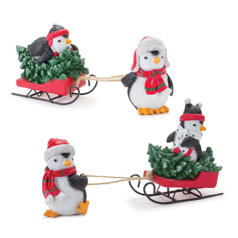 Set of 2 Penguins with Sled for Winter and Festive Decorations