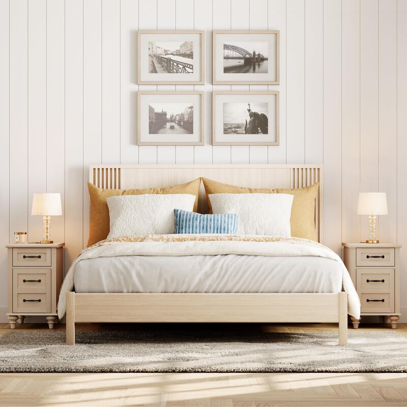 WAMPAT Set of 2 End Tables with Charging Station, Beige Side Table with Storage Cabinet & Drawer, Wooden Nightstands with Power