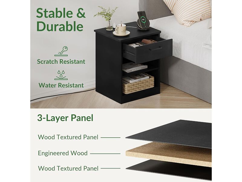 ODIKA Wooden Black Nightstand Bedside Table with Drawer