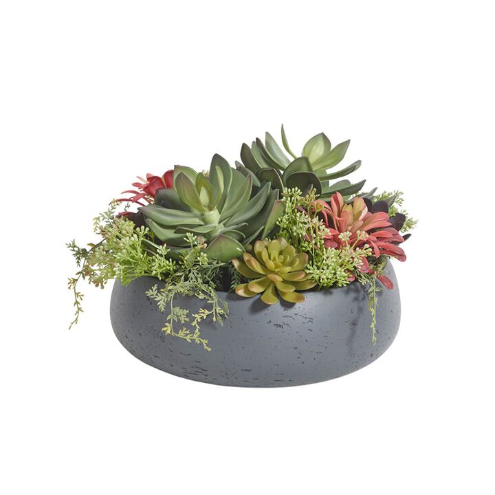 Round Artificial Succulent Arrangement, Gray Planter
