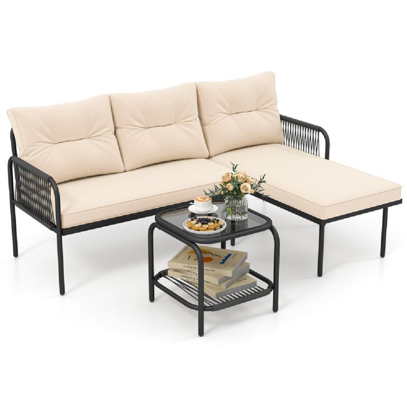Modular 3-Piece Patio Set &ndash; PE Rattan L-Shaped Sofa with Table