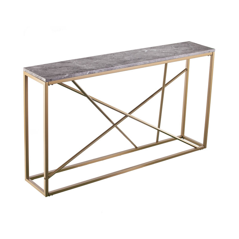 HomeRoots 52" Gray and Gold Faux Marble and Metal A Frame Console Table image number 0