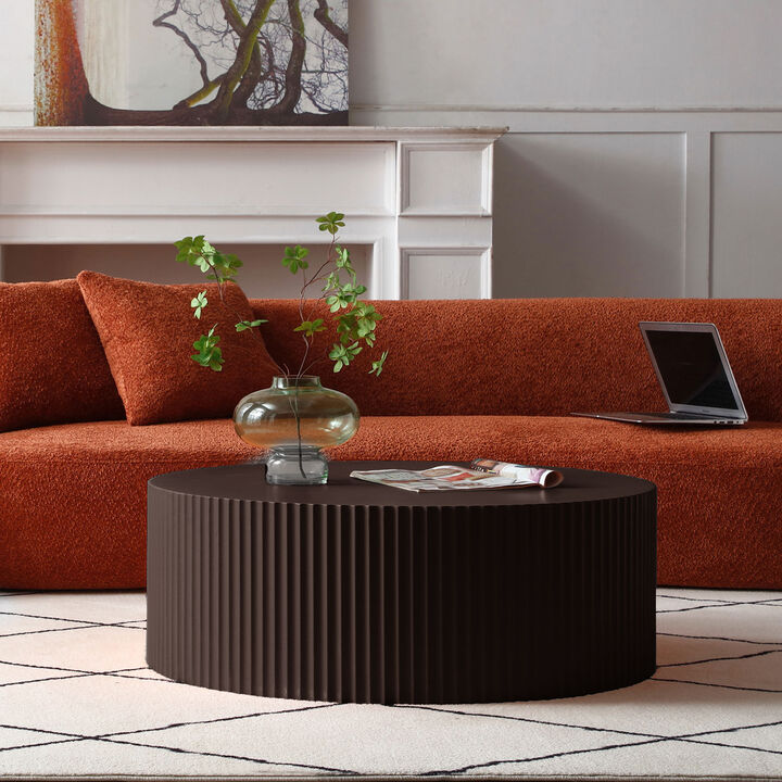 Artisanal Round MDF Coffee Table with Handcrafted Relief and Stunning Painting Finish, Brown
