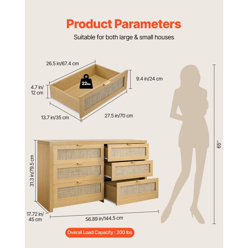 Modern Wood Rattan Dresser with 6 Drawers Clothing Organizer image number 2