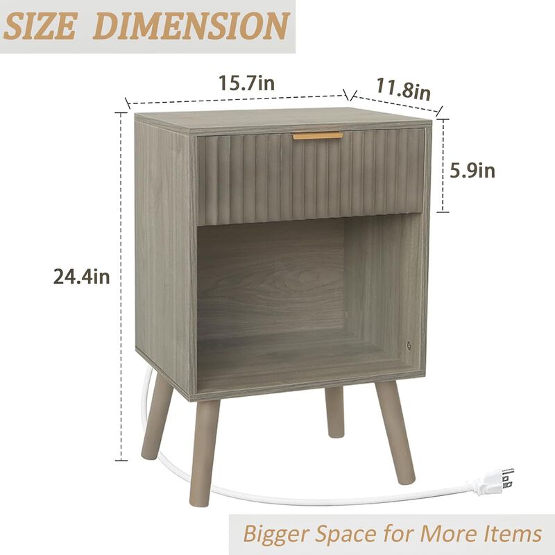 Fultyle Grey Wood Nightstand with Charging Station, Modern Bedside Table with Fluted Drawers and Storage Shelf, End Side Tables