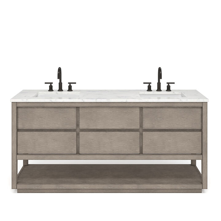 Oakman 72 In. Double Sink Carrara White Marble Countertop Bath Vanity in Grey Oak