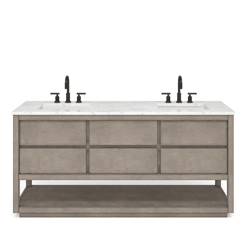 Oakman 72 In. Double Sink Carrara White Marble Countertop Bath Vanity in Grey Oak