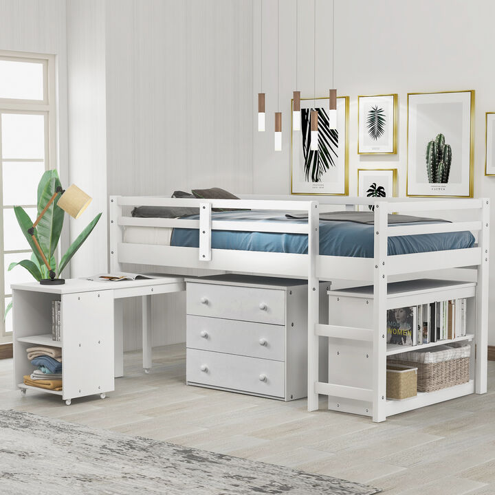 Merax Low Loft Bed with Cabinet and Rolling Portable Desk
