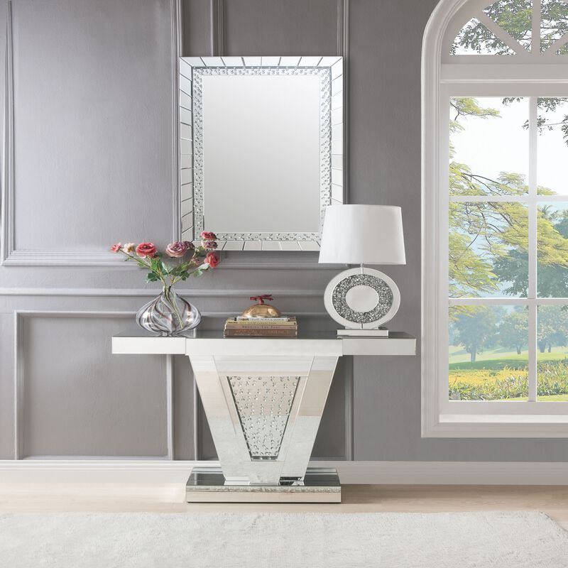 Wood and Mirror  Console Table with Faux Crystals Inlay, Clear-Benzara