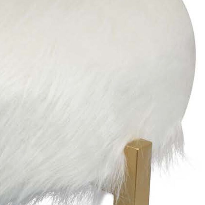 Accent Ottoman, Fur-Like Texture, 21 Inch White Fabric Upholstery - Benzara