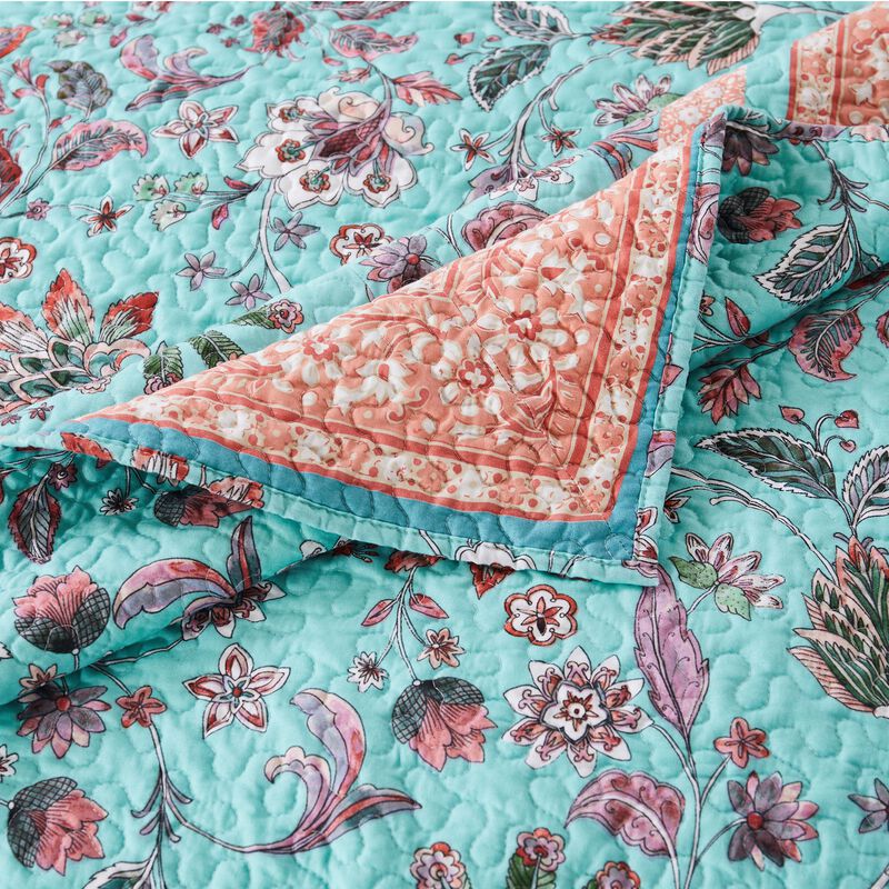 Dill 3pc Queen Bedspread Set, Bohemian Turquoise Floral Microfiber Cotton - Benzara