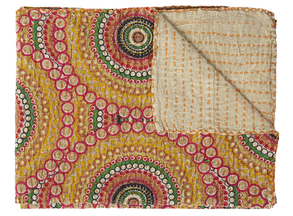 HomeRoots 50" X 70" Brown And Beige Abstract Cotton Quilted Kantha Throw Blanket with Embroidery