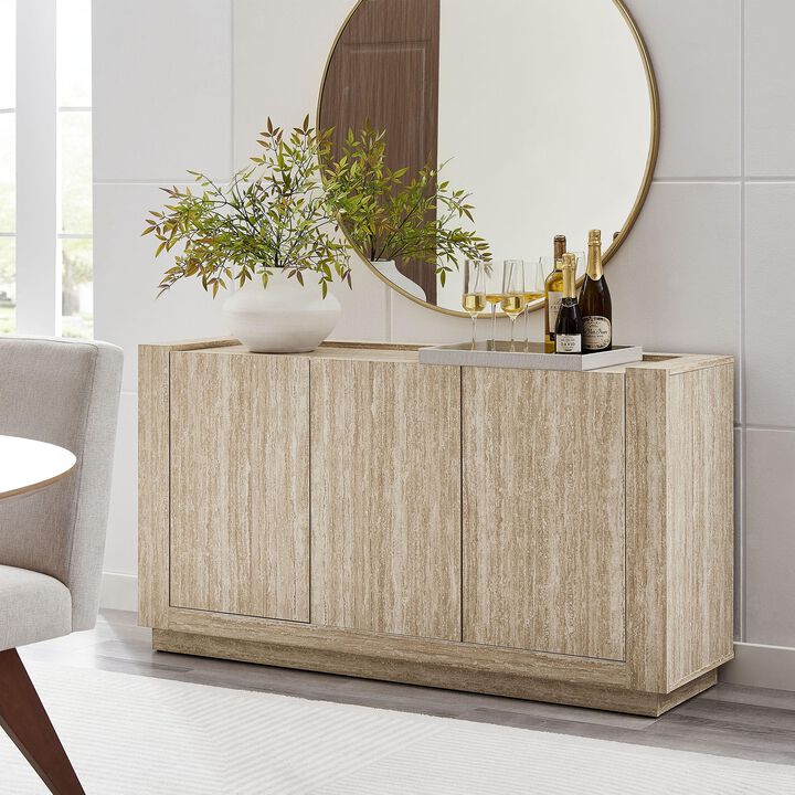 Modway Hollis Sideboard with Faux Travertine Finish - Large 59 Inch 3 Door Storage Buffet Cabinet with Adjustable Shelves for Living Room, Dining Room, Entryway, Hallway, Kitchen in Travertine