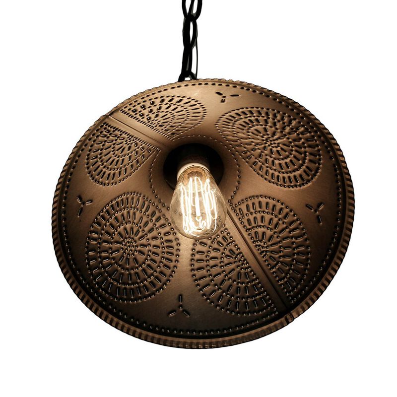 12 Inch Kettle Black Punched Tin Pendant Light Rustic Farmhouse Shade Decor image number 1