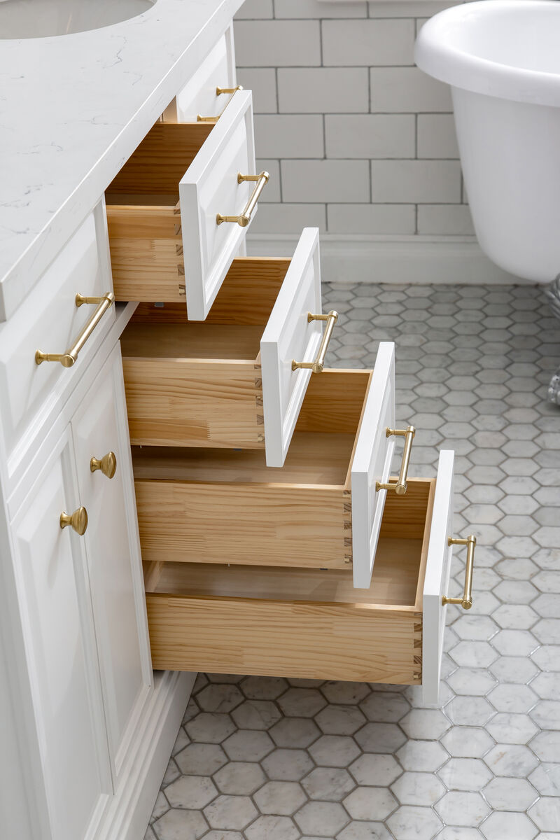 Palace 60 In. Double Sink Carrara Quartz Countertop Bath Vanity in Pure White with Satin Gold Hardware