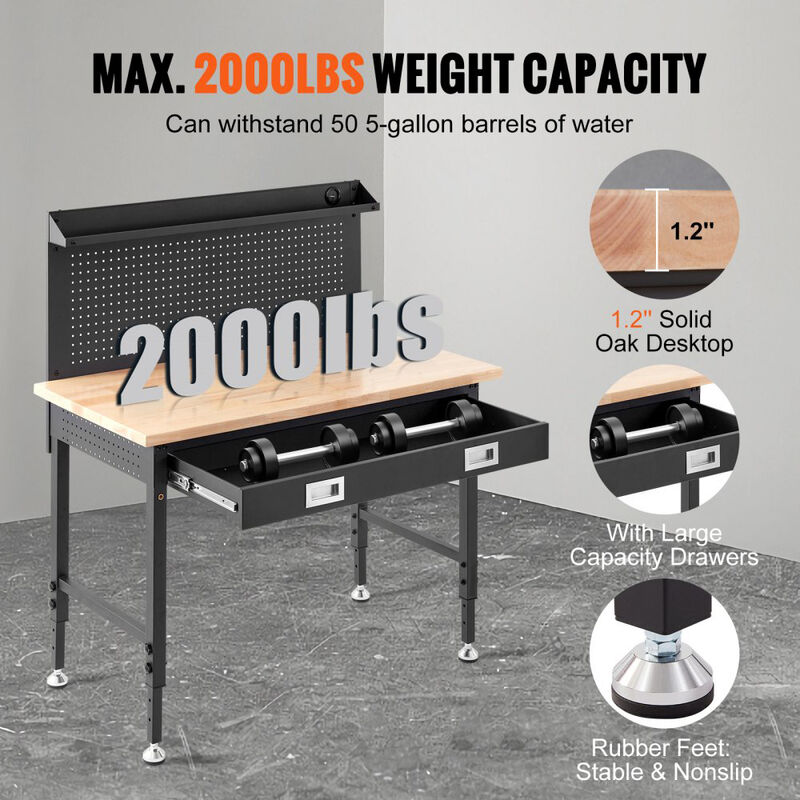 Heavy Duty Garage Workbench with Hardwood Top, Adjustable Height, Steel Frame and 30 Hooks-Black image number 6