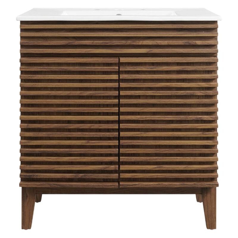 Walnut White 30-Inch Floor-Mount Bathroom Vanity Cabinet with Sink image number 1
