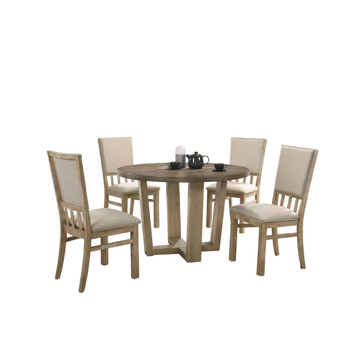 Brutus Vintage Walnut 5 Piece 47" Wide Contemporary Round Dining Table Set with Wheat Colored Fabric Chairs
