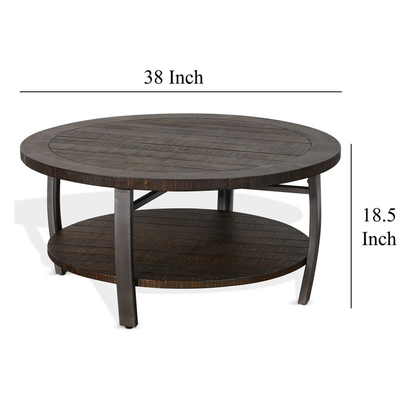 Flint Coffee Table w Shelf, Barrel Shape, 38 Inch Dark Brown Round Top