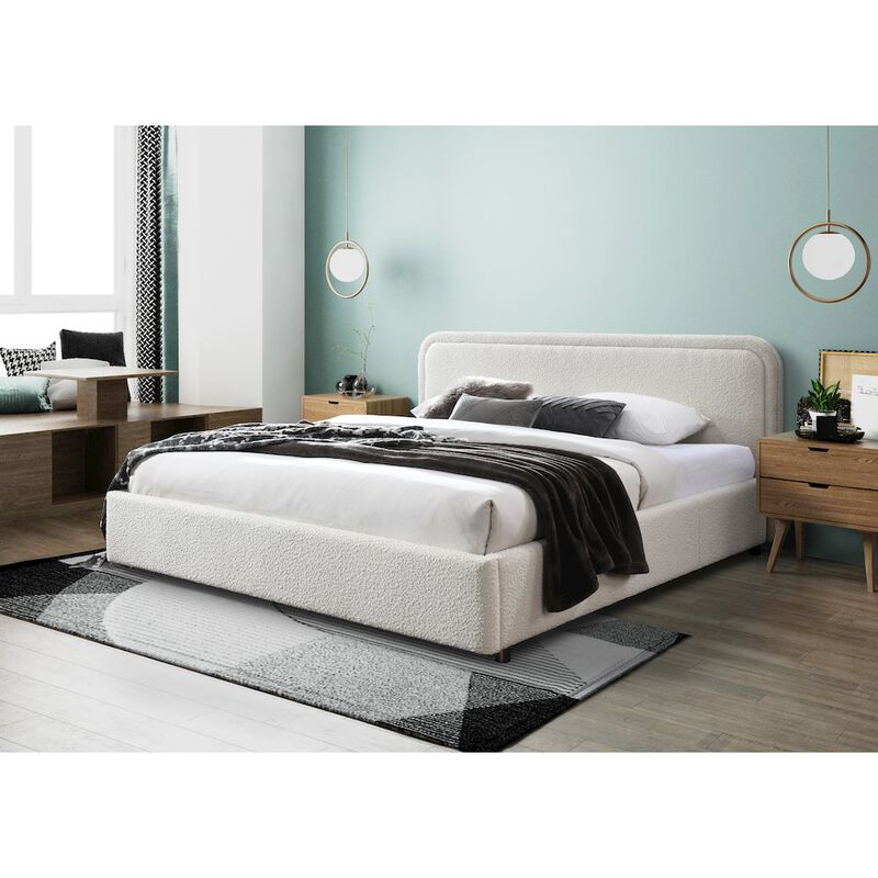 Omax Decor Upholstered Platform King Bed in White Boucle Fabric