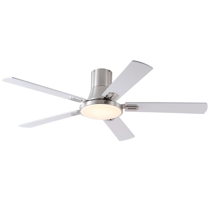 52 Inch Modern Brushed Nickel Flush Mount Ceiling Fan with LED Light and Remote, 6 Speed Indoor Fan