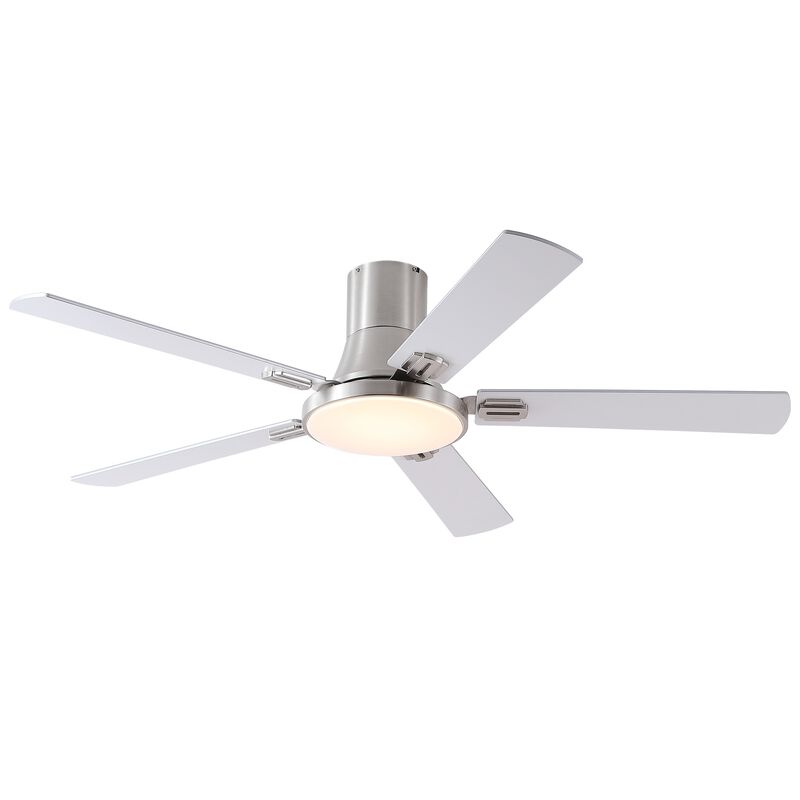 52 Inch Modern Brushed Nickel Flush Mount Ceiling Fan with LED Light and Remote, 6 Speed Indoor Fan image number 0