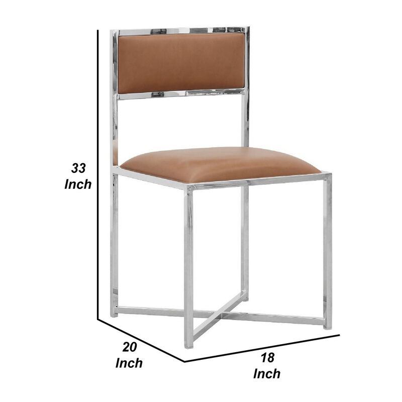 Eun 20 Inch Vegan Faux Leather Dining Chair, Chrome Base, Set of 2, Brown-Benzara image number 5