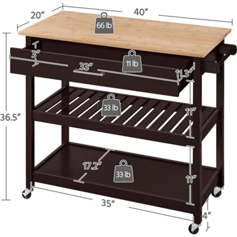 Rolling Kitchen Cart with Wood Top Storage Drawer and 2 Shelves