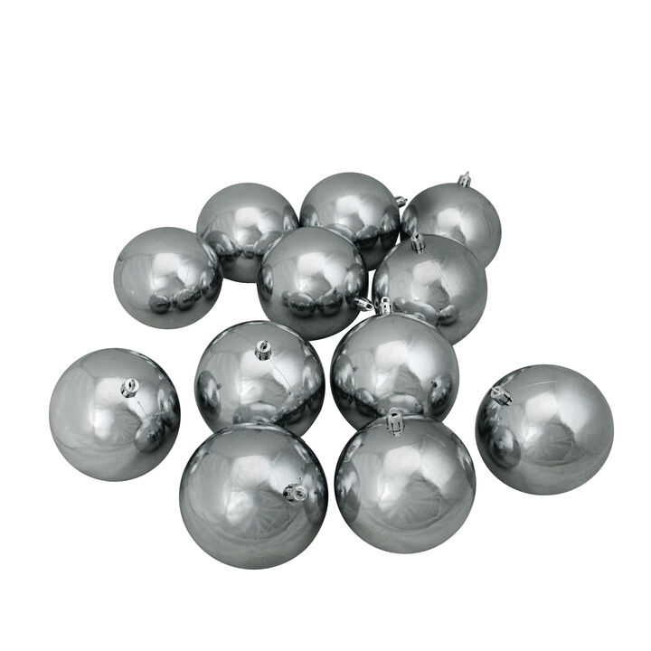 12ct Pewter Gray Shatterproof Shiny Christmas Ball Ornaments 4" (100mm)