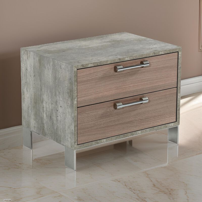 Noe Billy 26 Inch Nightstand, 2 Drawers, Gray Faux Concrete, Oak Laminate  - Benzara