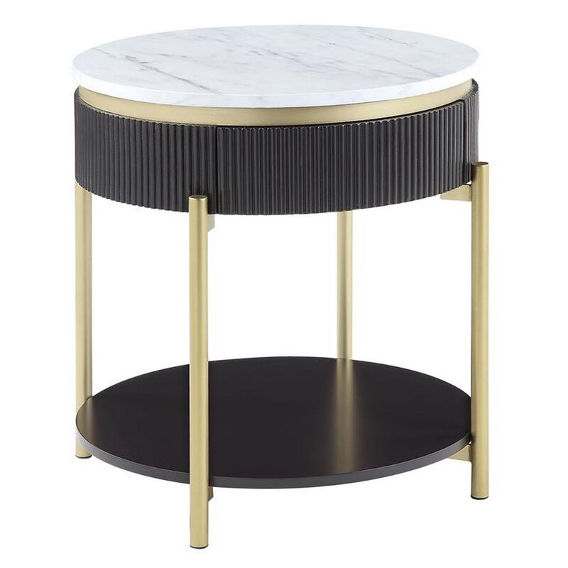 Ville 23 Inch Round Side End Table, White Faux Marble Top Brown Reeded Edge
