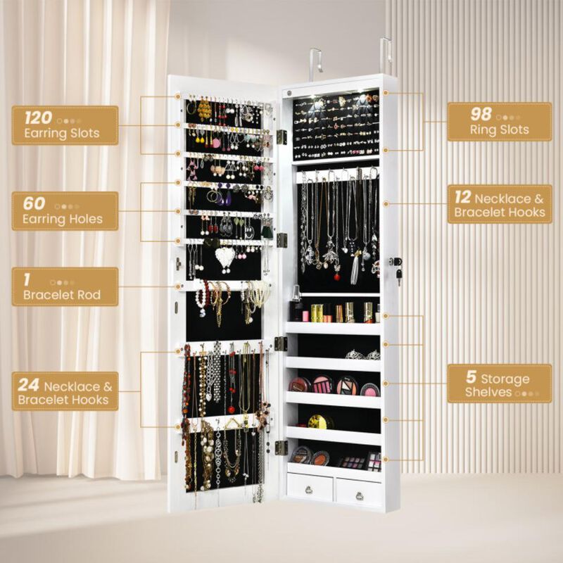Hivvago Wall and Door Mounted Mirrored Jewelry Cabinet with Lights
