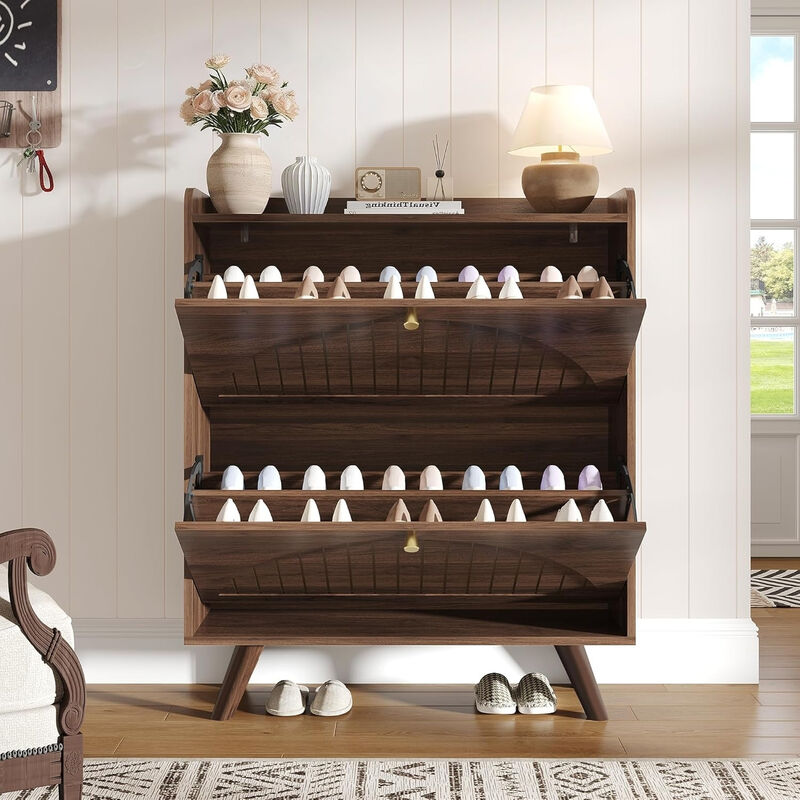 Entryway Wood Shoe Storage Cabinet Flip Drawer Adjustable Shelves Walnut image number 1