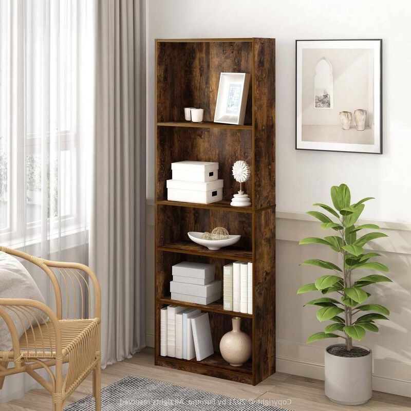 Hivvago 71-inch Tall 5-Shelf Bookcase in Medium Brown Wood Finish