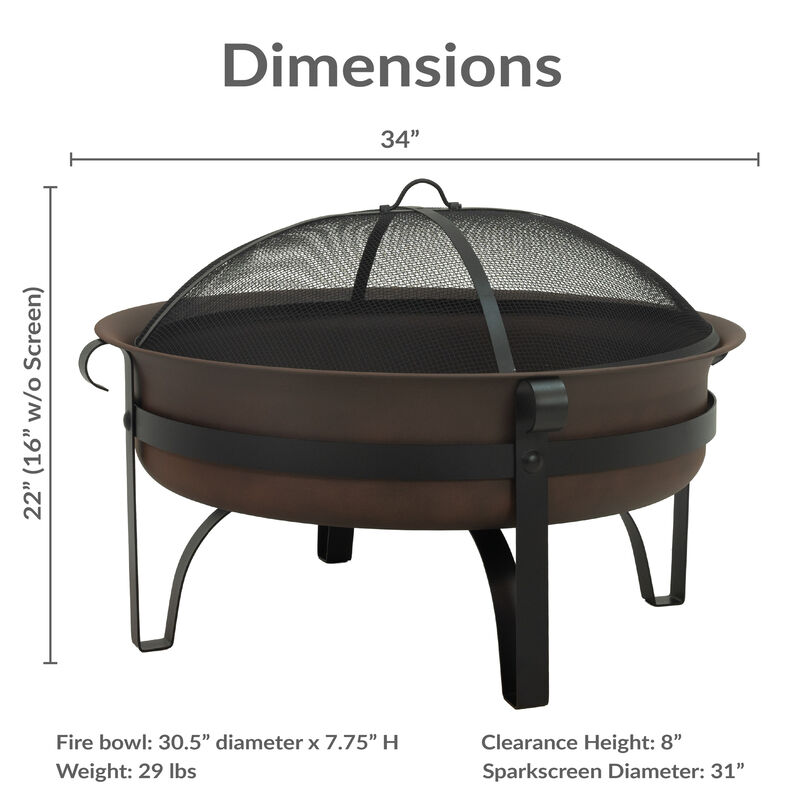 Sunnydaze 34 in Cauldron Style Steel Fire Pit with Spark Screen - Bronze image number 2