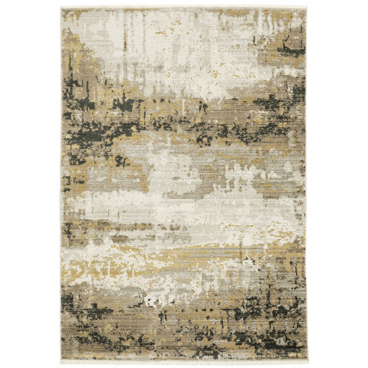4 X 6 grey gold Black charcoal And Beige Abstract Power Loom Stain Resistant Area Rug With Fringe