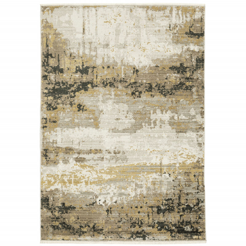 4 X 6 grey gold Black charcoal And Beige Abstract Power Loom Stain Resistant Area Rug With Fringe image number 0