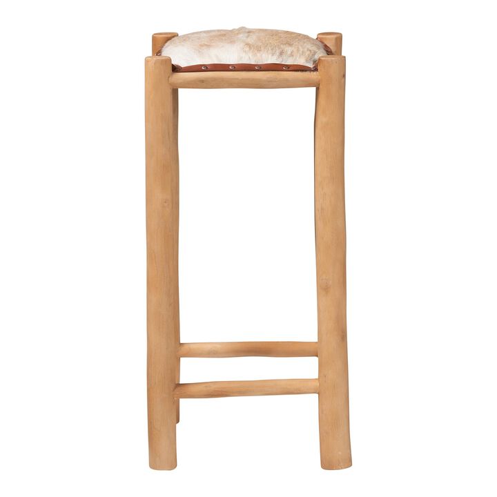 bali & pari Rivera Genuine Goat Leather Bar Stool - Rustic Boho Seating with Teak Wood Frame and Natural Hide Upholstery