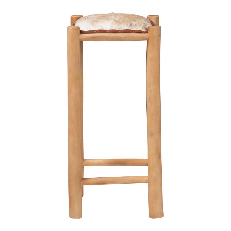 bali & pari Rivera Genuine Goat Leather Bar Stool - Rustic Boho Seating with Teak Wood Frame and Natural Hide Upholstery image number 1