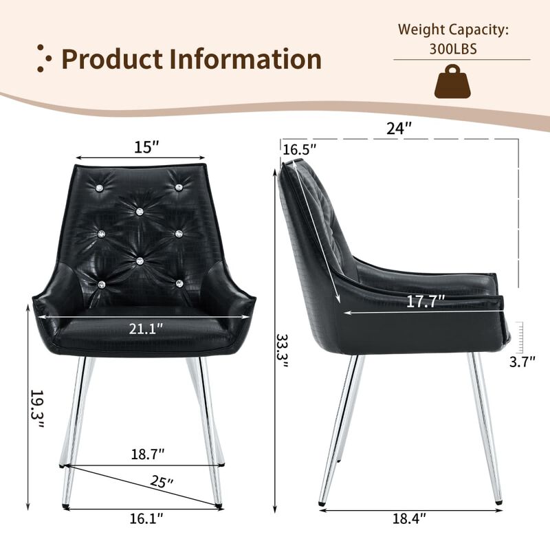 Set of 2 PU Leather Dining Chairs Crocodile Embossed Accent Chairs with Diamond Tufted Back Square Seat Chairs with Metal Legs image number 2