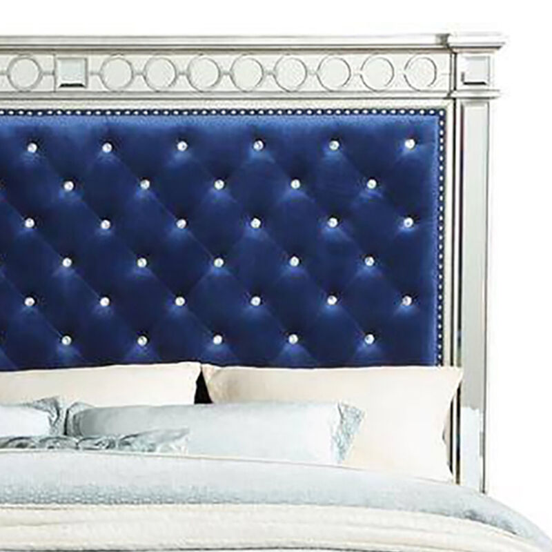 Queen Bed with Button Tufting and Mirror Trim, Black