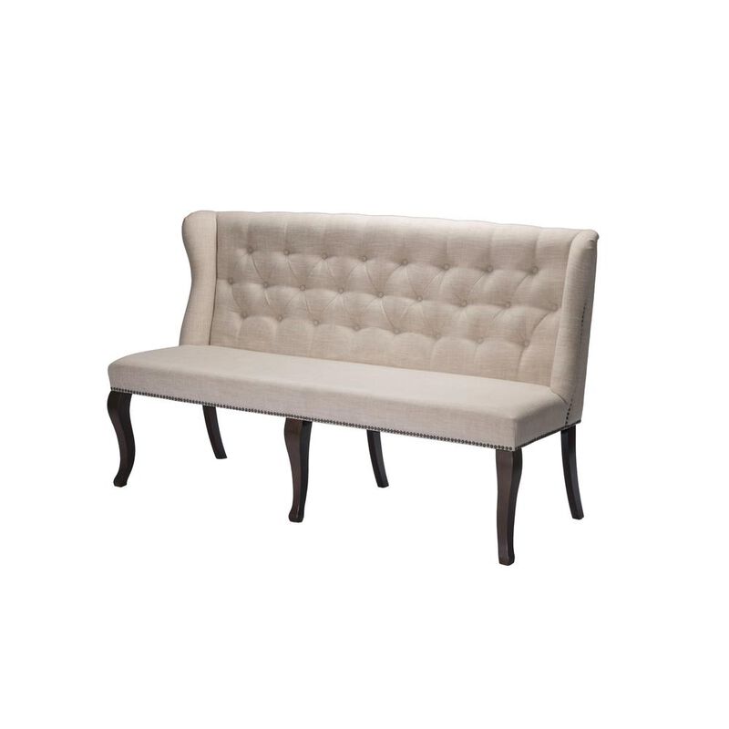 Best Quality Furniture Classic Upholstered Bench in Linen Fabric w/Tufted Style Back & Nailhead Trim, Beige